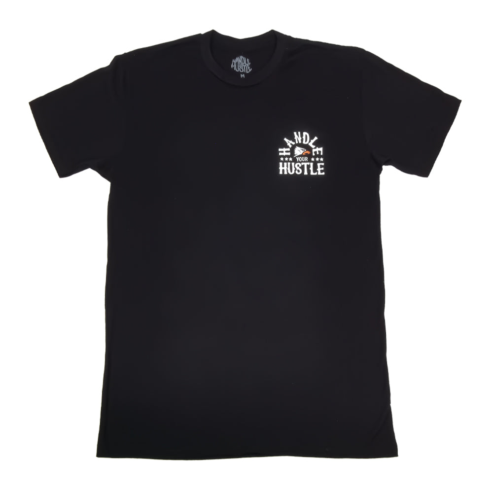 Black HYH American Eagle tee front with left chest print. Grind, Hustle, Grit.
