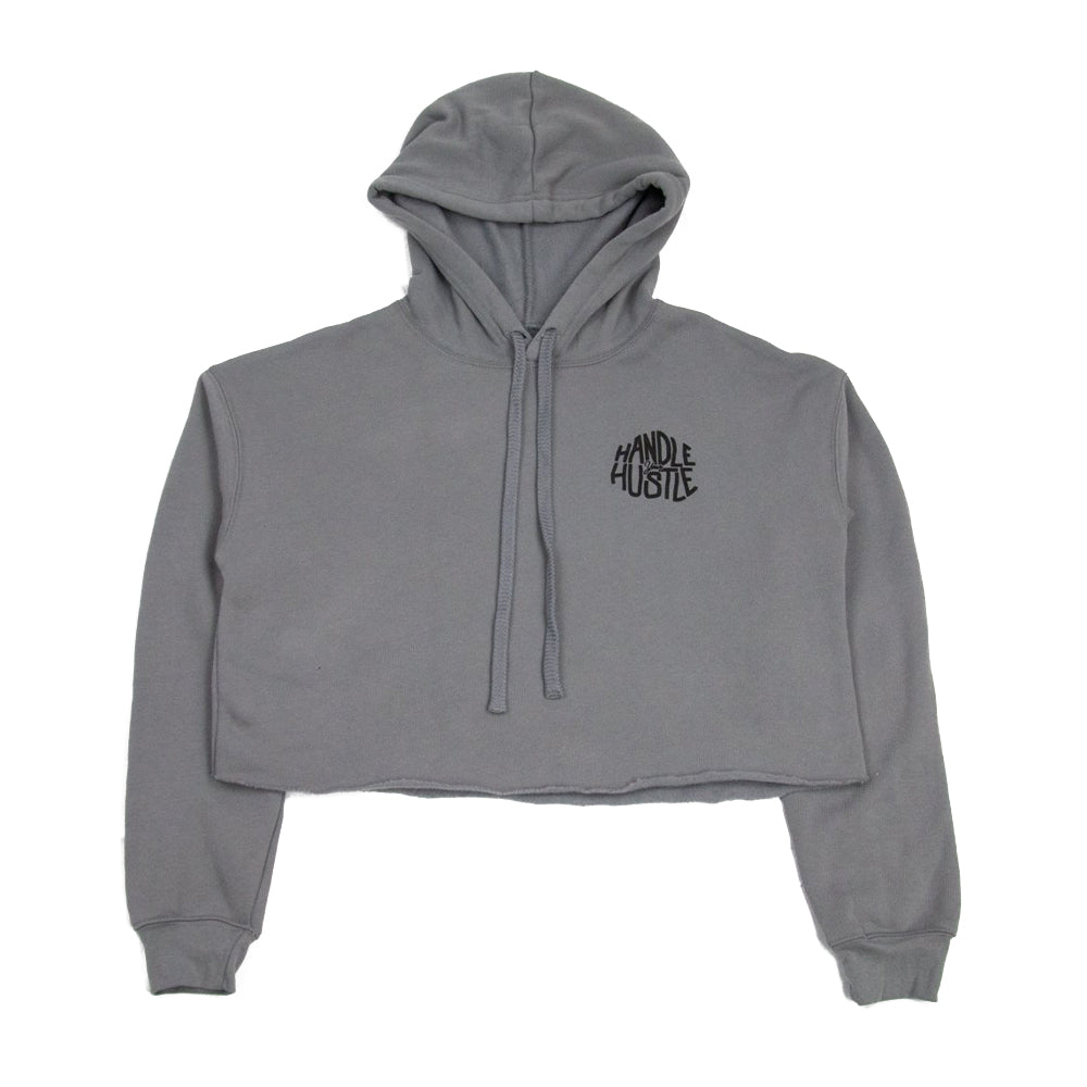 Storm grey cropped hoodie with HYH logo on left chest. Grind, Hustle, Grit.