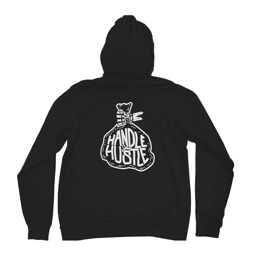 Black hoodie with white HYH logo printed on full back. Grind, Hustle, Grit.