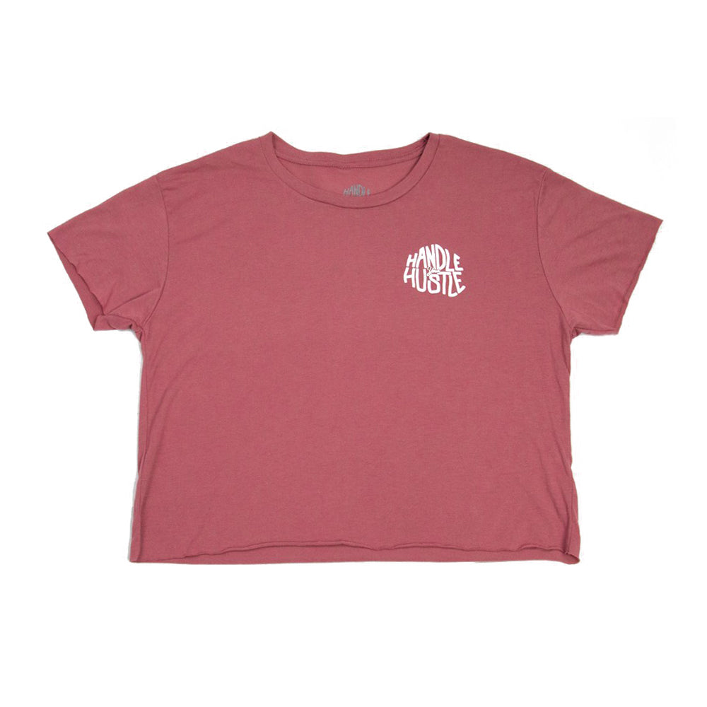 Cropped smoked paprika women's tee with HYH logo printed on left chest. Grind, Hustle, Grit.