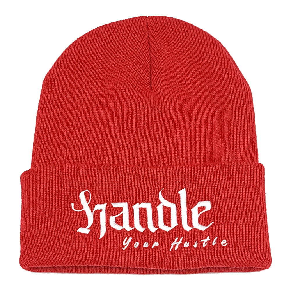 Red beanie with HYH script logo embroidered on the cuff. Grind, Hustle, Grit.